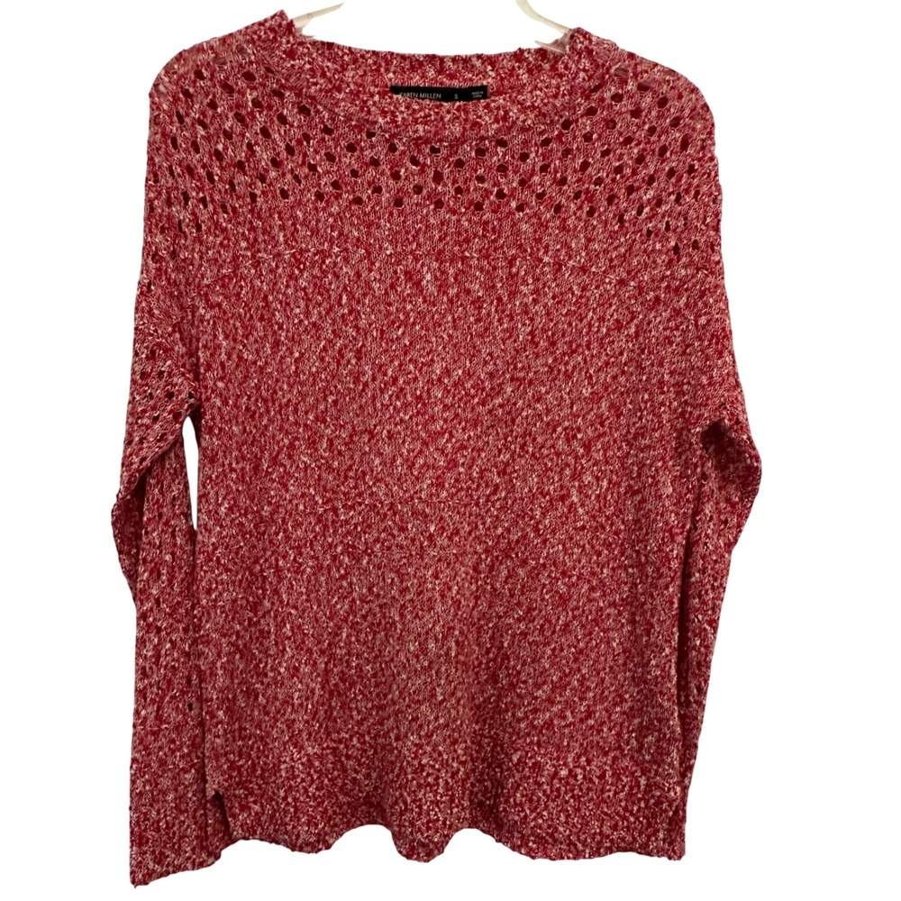 Karen Millen Pointelle Knit Sweater S Red White Marled Cotton Crewneck Coquette